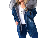 Women Winter Warm Fluffy Collar Hooded Denim Jacket