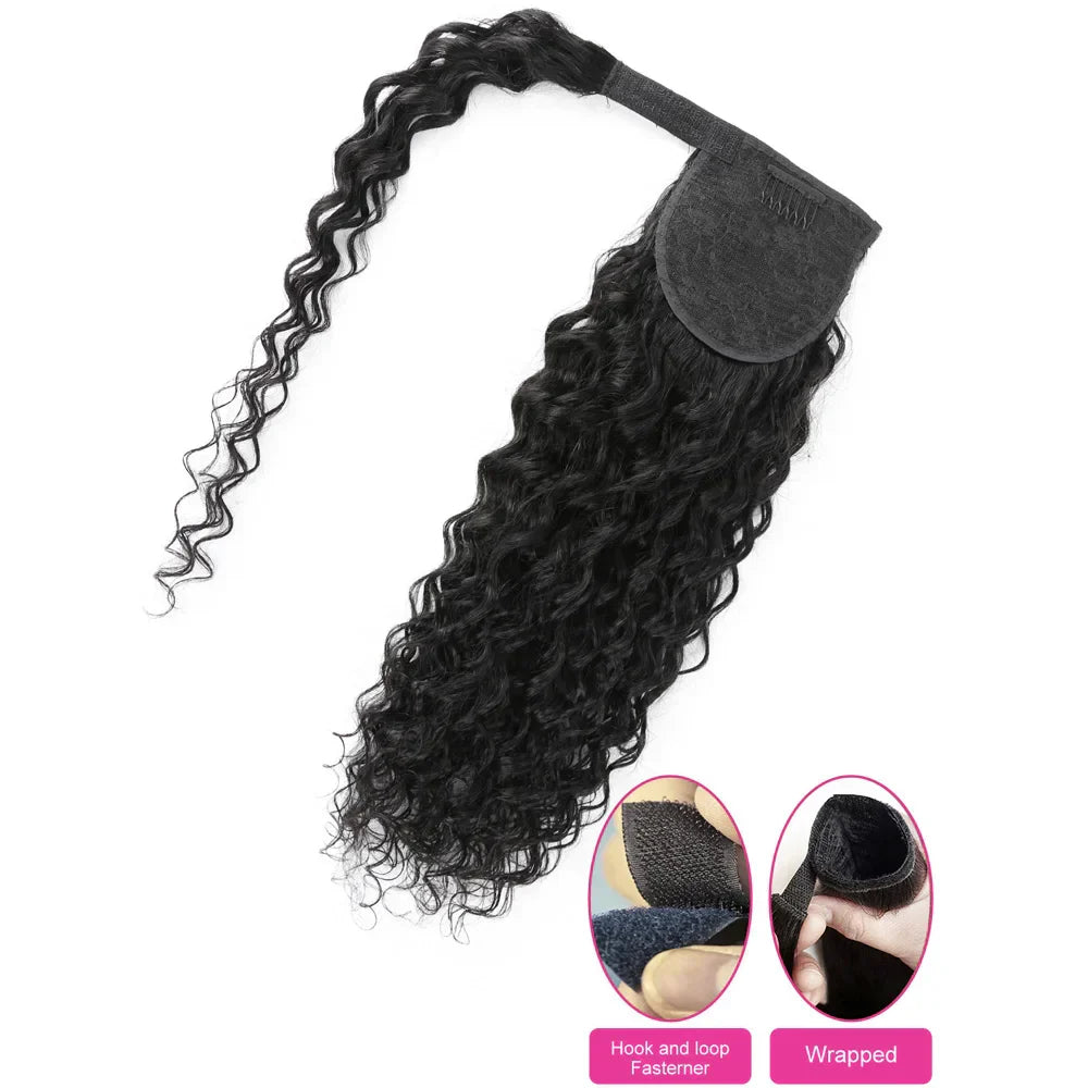 Water Wave Ponytail Human Hair Wrap Around Ponytail