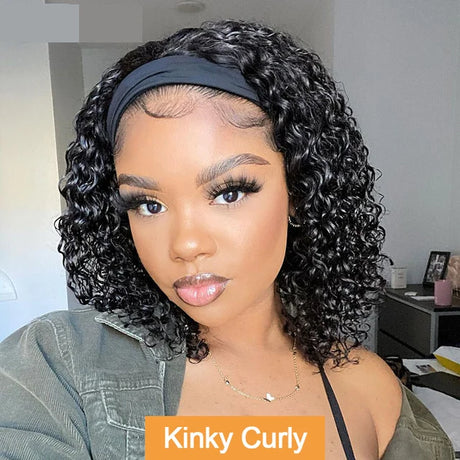 Kinky Curly Headband Bob Wig Human Hair Glueless