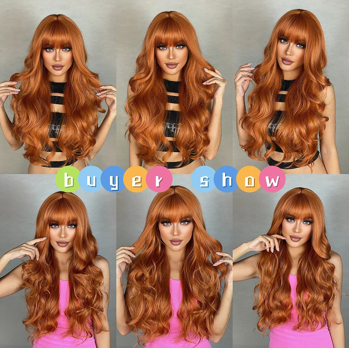 Copper Ginger Brown Wigs With Bangs Natural Synthetic