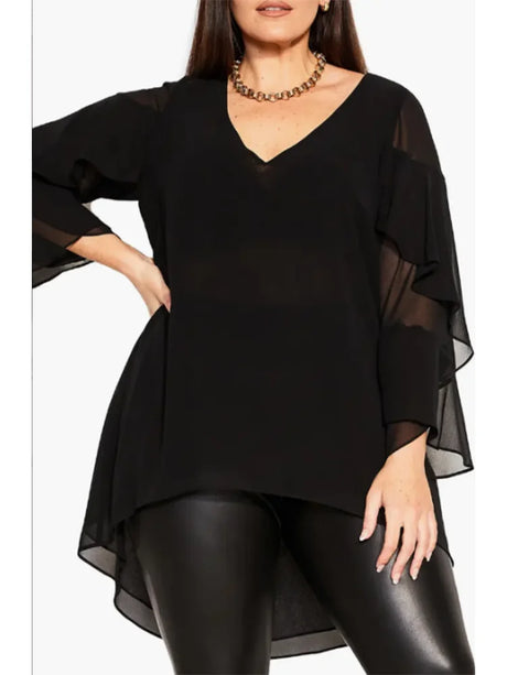 New Female Casual Black Layered Ruffle Sleeve Top