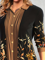 Casual Blouse, Women' Plus Colorblock Leaf Print Button