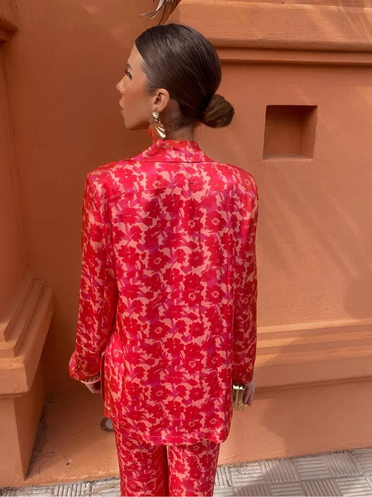 Vintage Print Blazer Pants Suits For Women Double