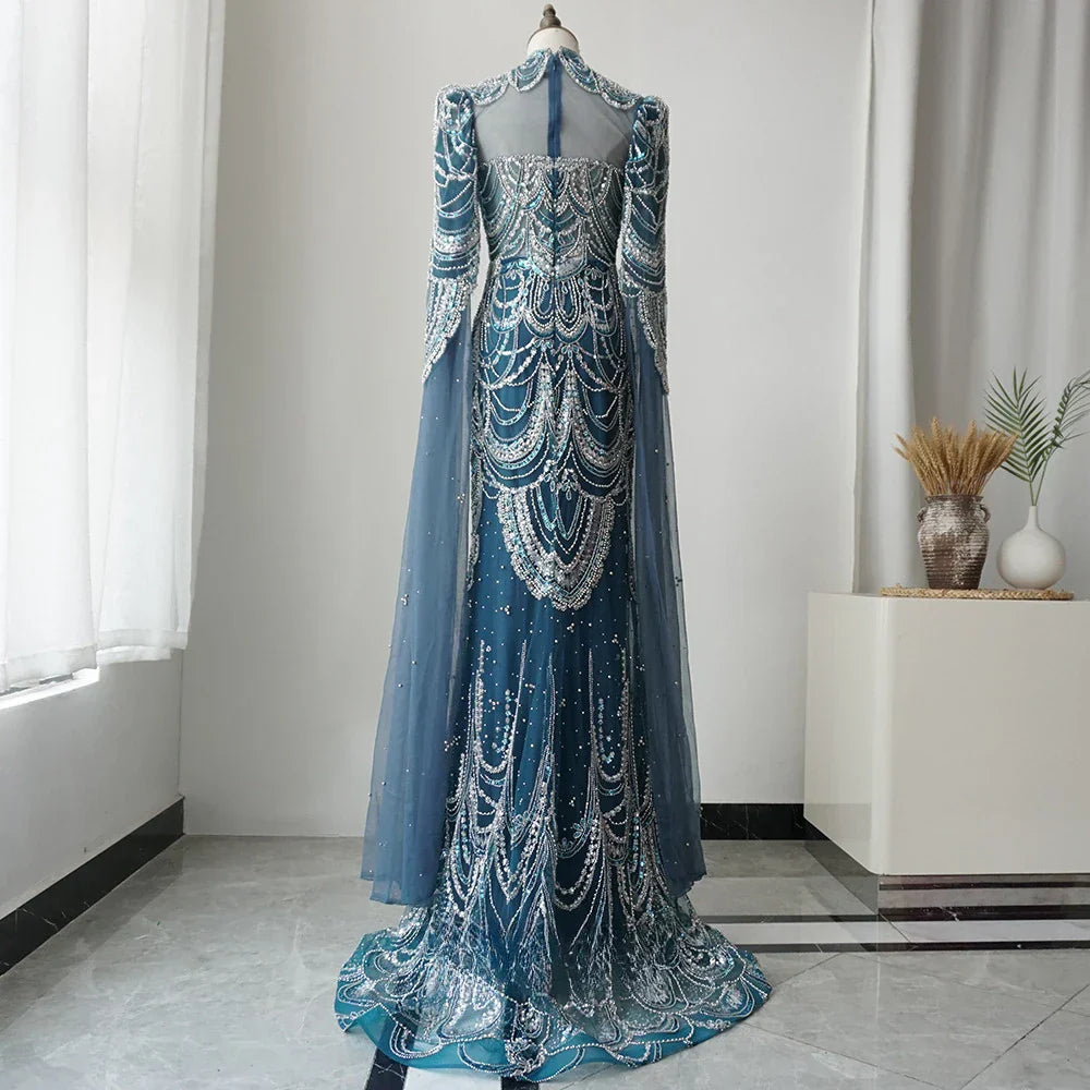 Hot Sale Arabic Blue Mermaid Lace Beaded Formal