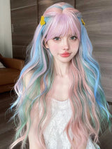 Iridescent Rainbow Color Multicolour Synthetic Wigs With Bang