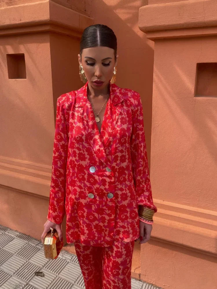 Vintage Print Blazer Pants Suits For Women Double