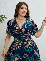 Floral Print Wrapped V-Neck Women Dresses Short Ruffle
