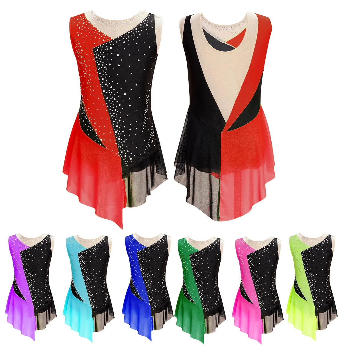 Kids Girls Figure Skating Dress Shiny Rhinestone Sheer