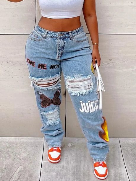 High-Waist Print Stretchy Jeans Straight Zipper Fly