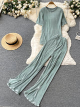 Singreiny Pleated Fashion Solid Set Women Loose O