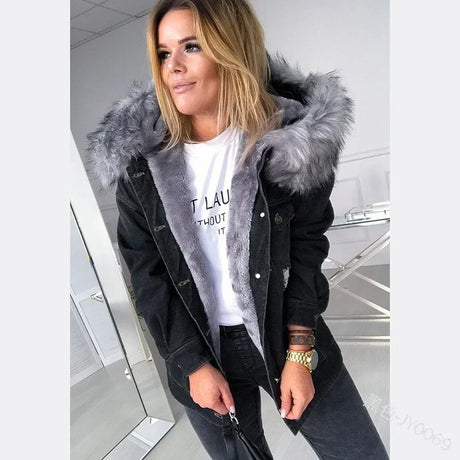 New Fashion Hooded Big Fur Collar Denim Jacket