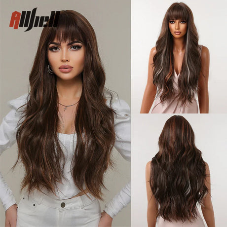 Copper Ginger Brown Wigs With Bangs Natural Synthetic