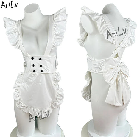 Anilv Women Anime Coffee Waiter Maid Uniform White