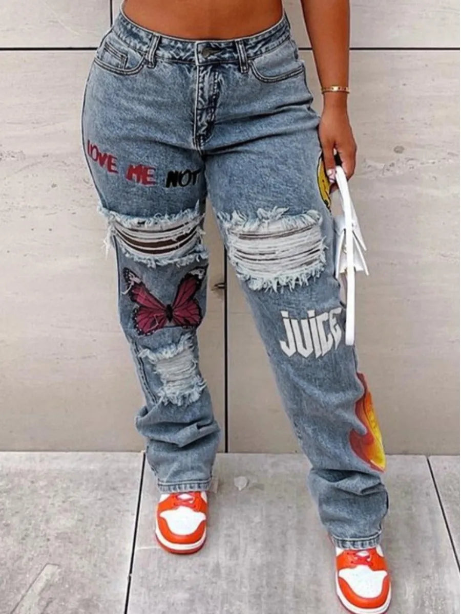 High-Waist Print Stretchy Jeans Straight Zipper Fly