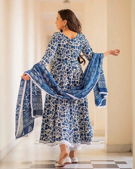 Women Cotton Printed Anarkali Kurta With Palazzo Dupatta