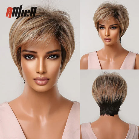 Short Pixie Cut Wig With Highlight Straight Chocolate