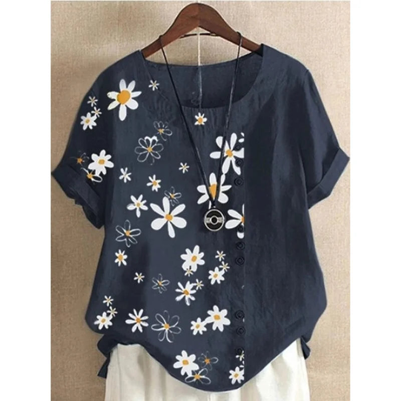 Daisy-Print Cotton Linen Shirt Casual Summer Women O-Neck