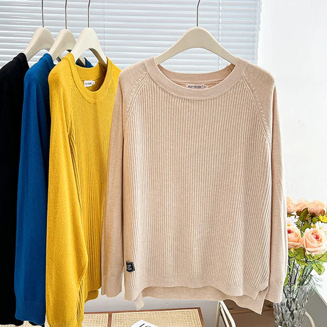 Simple Label Hem Slit Knit Sweater Womens Autumn