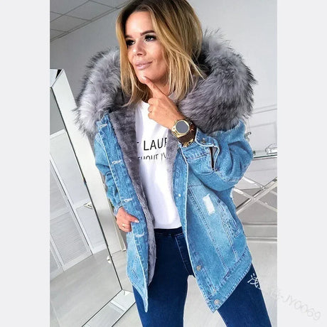 New Fashion Hooded Big Fur Collar Denim Jacket