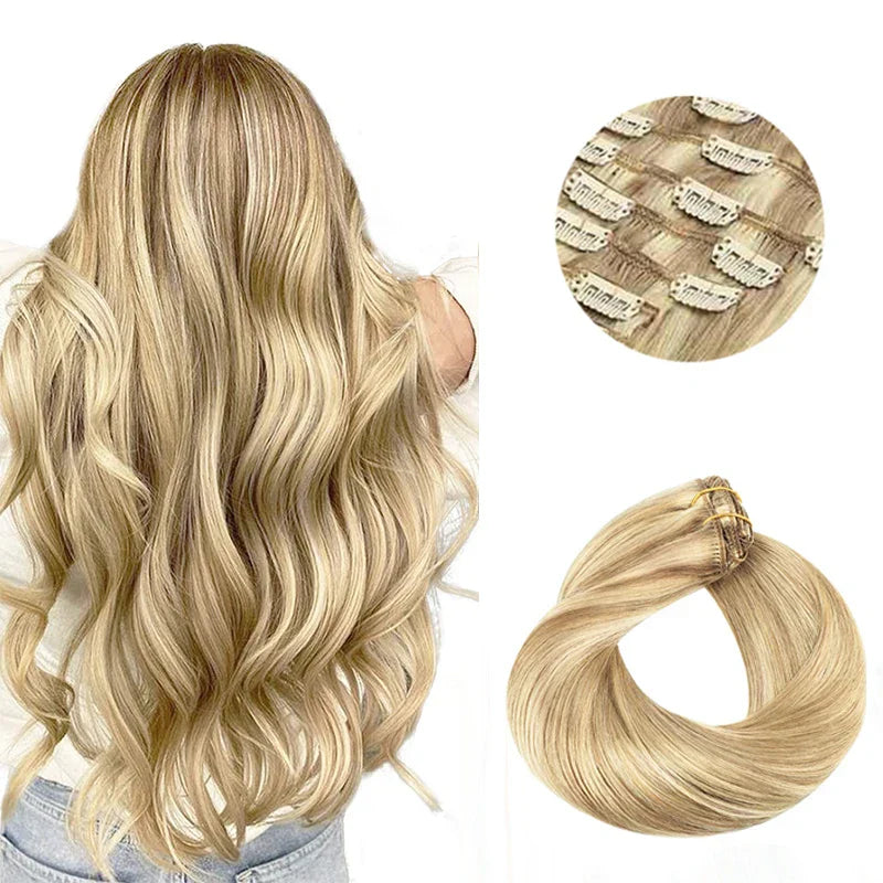 Clip In Human Hair Extensions Straight Natural Light