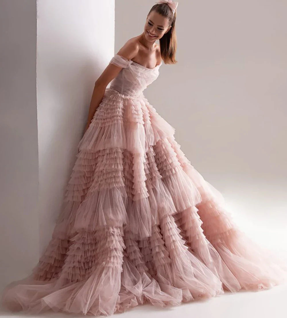 Off-the-Shoulder Layered A-Line Prom Dress - Pink Tulle Ruffles 2024