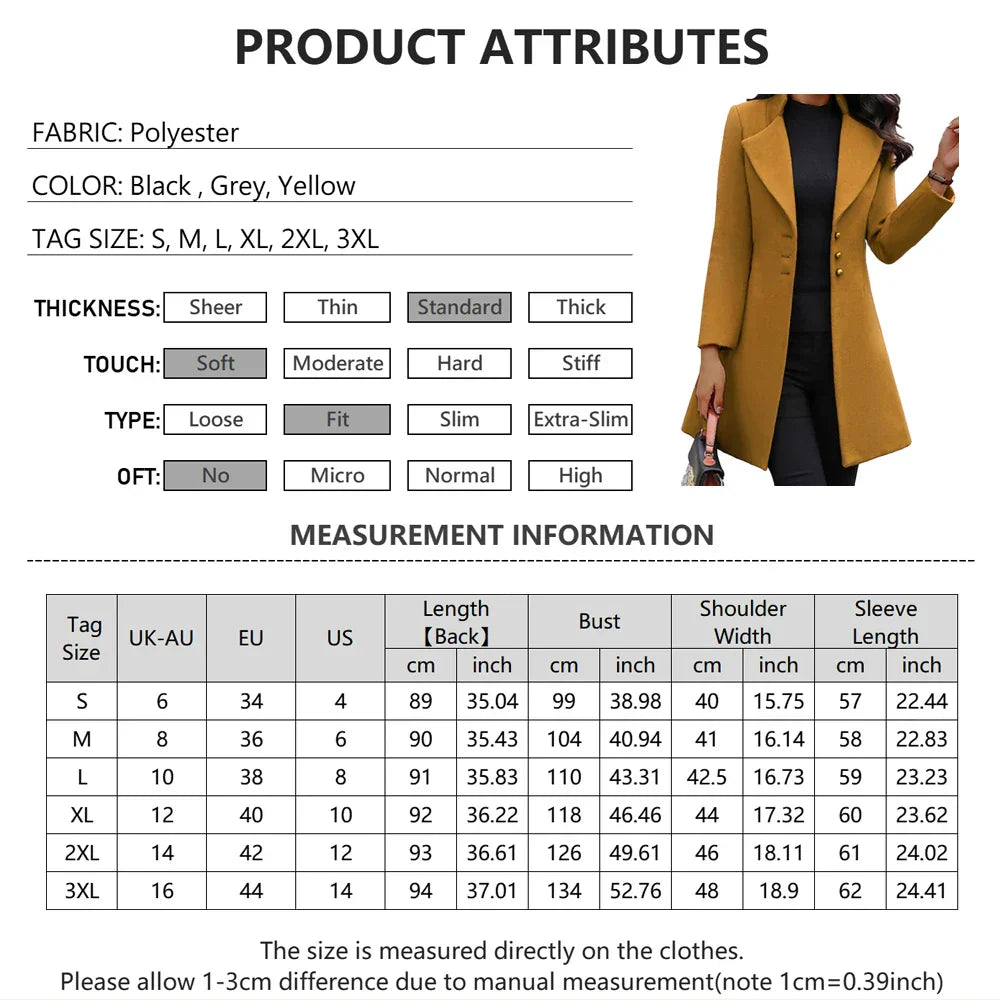 Women' Trench Coat Button Long Jacket Overcoat Winter