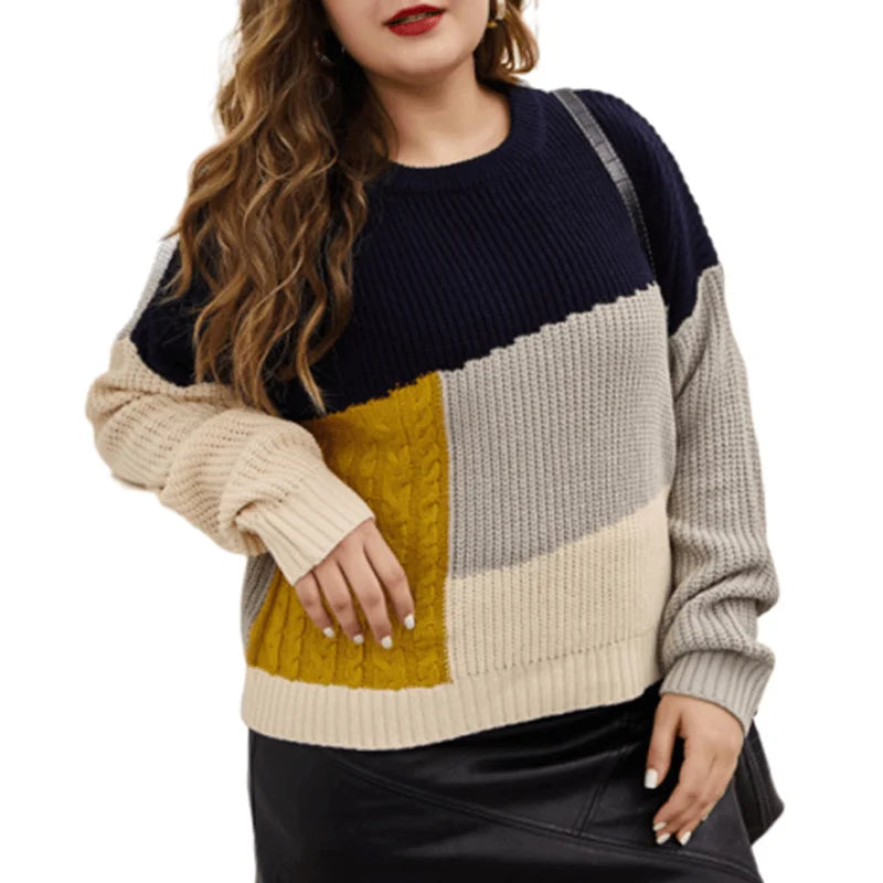 Autumn Winter Oversized Patchwork Knitting Sweater Female Casual