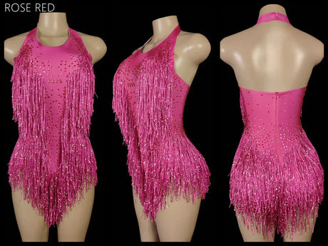 Sparkly Crystals Fringes Bodysuit Sexy Tassel Leotard Jazz