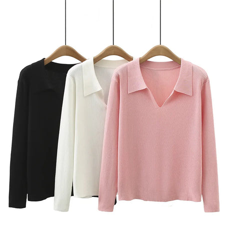 Slim V Neck Knit Sweater Women Autumn Winter