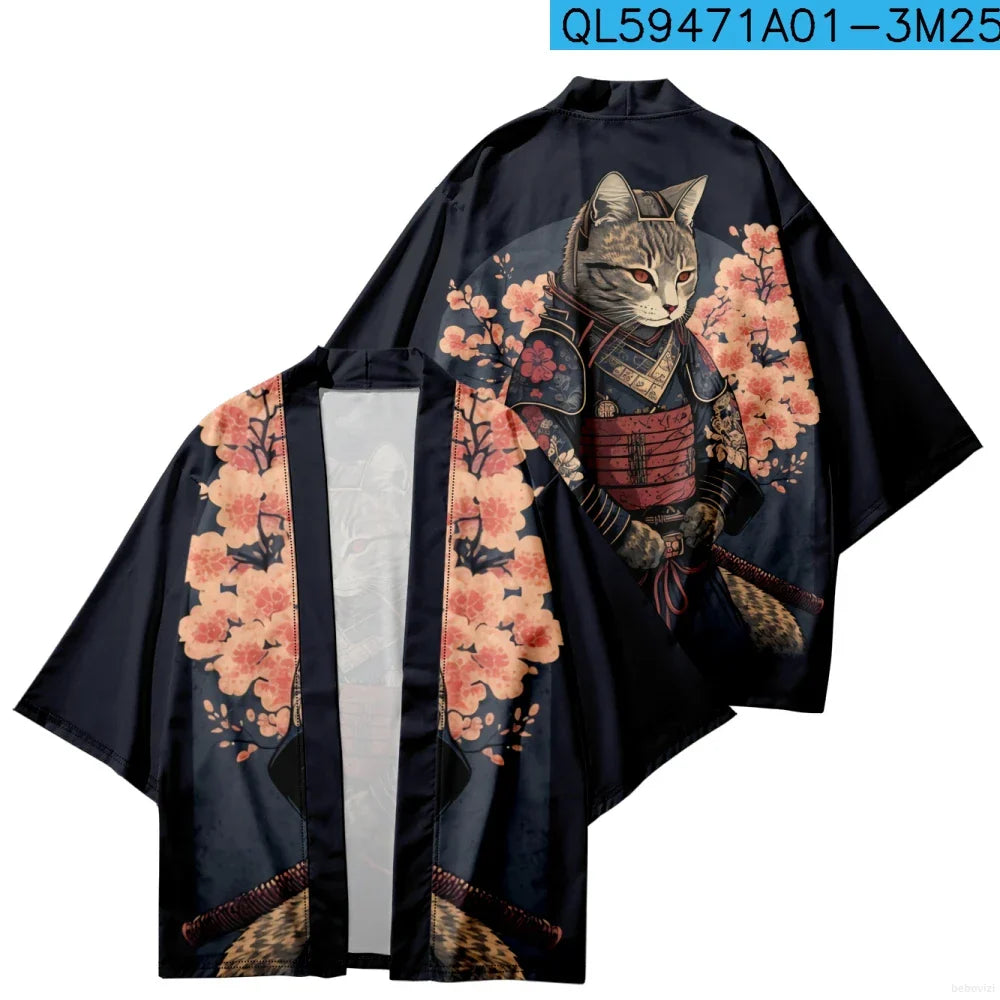 Japanese Sakura Cat Samurai Print Kimono Streetwear Men