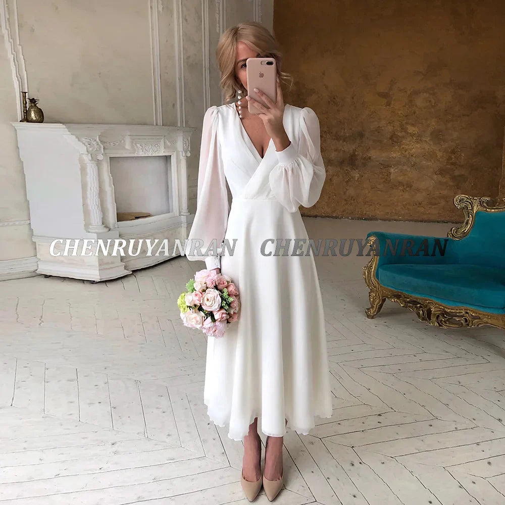 Chiffon Wedding Dresses For Women V-Neck Long Sleeves