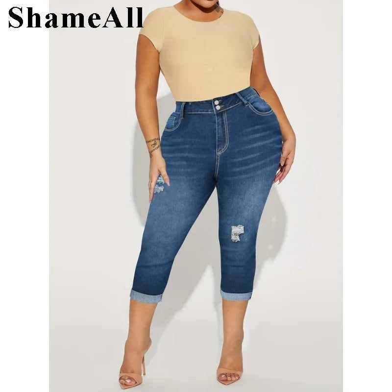Women' Casual Jeans, Washed Button Fly Ripped Roll