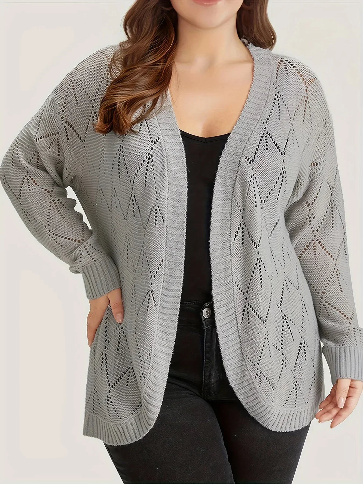 Plus Women'S Solid Hollow Out Open Front Cardigan