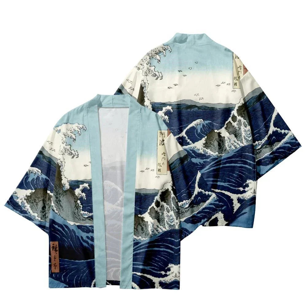 Vintage Japanese Style Waves Print Kimono Shirt Clothing