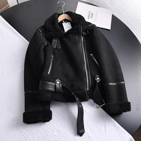 Winter Women Faux Shearling Sheepskin Leather Jackets Outwear