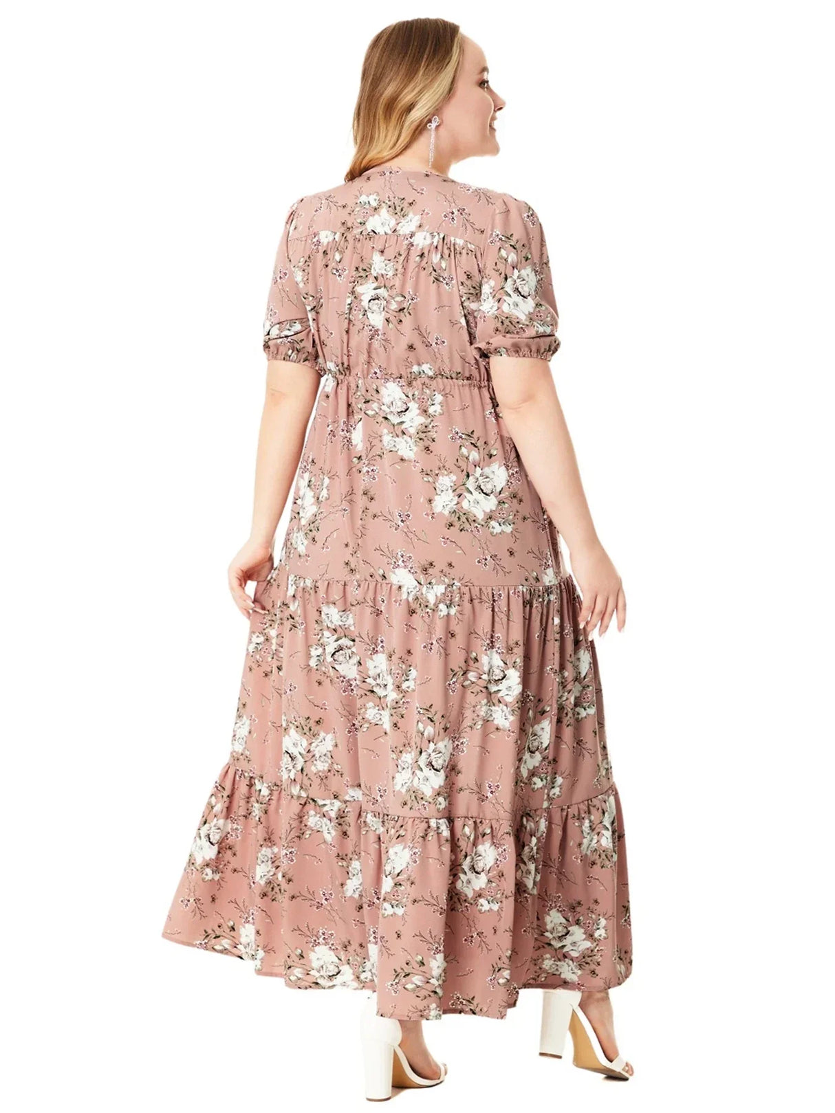 Floral Print Half Sleeve Split Hem Maxi V