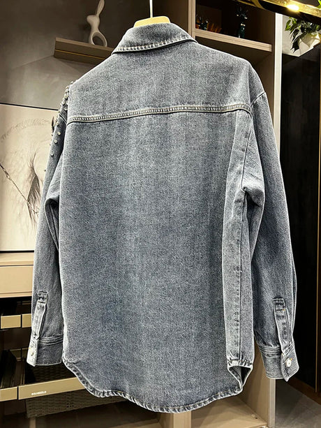 Ieqj Diamonds Patchwork Denim Jackets For Women Lapel