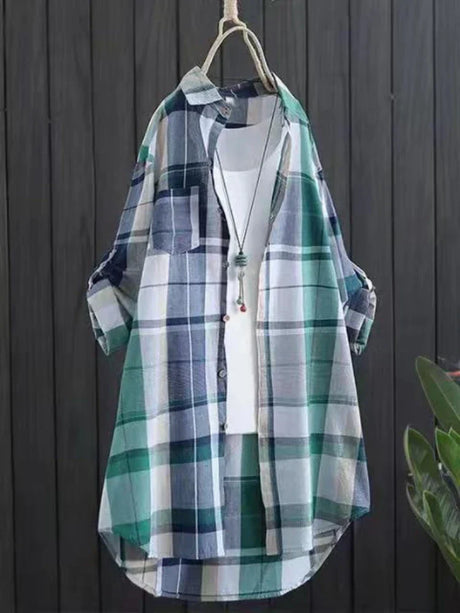 Cotton Mid Length Plaid Print Women Autumn Shirts