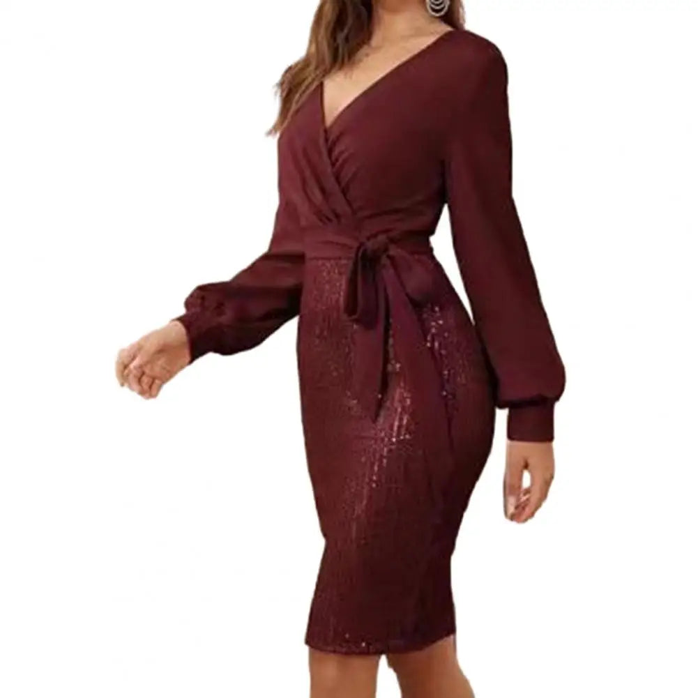 Women V-Neck Dress Stunning Sequin Splicing Bodycon Dress