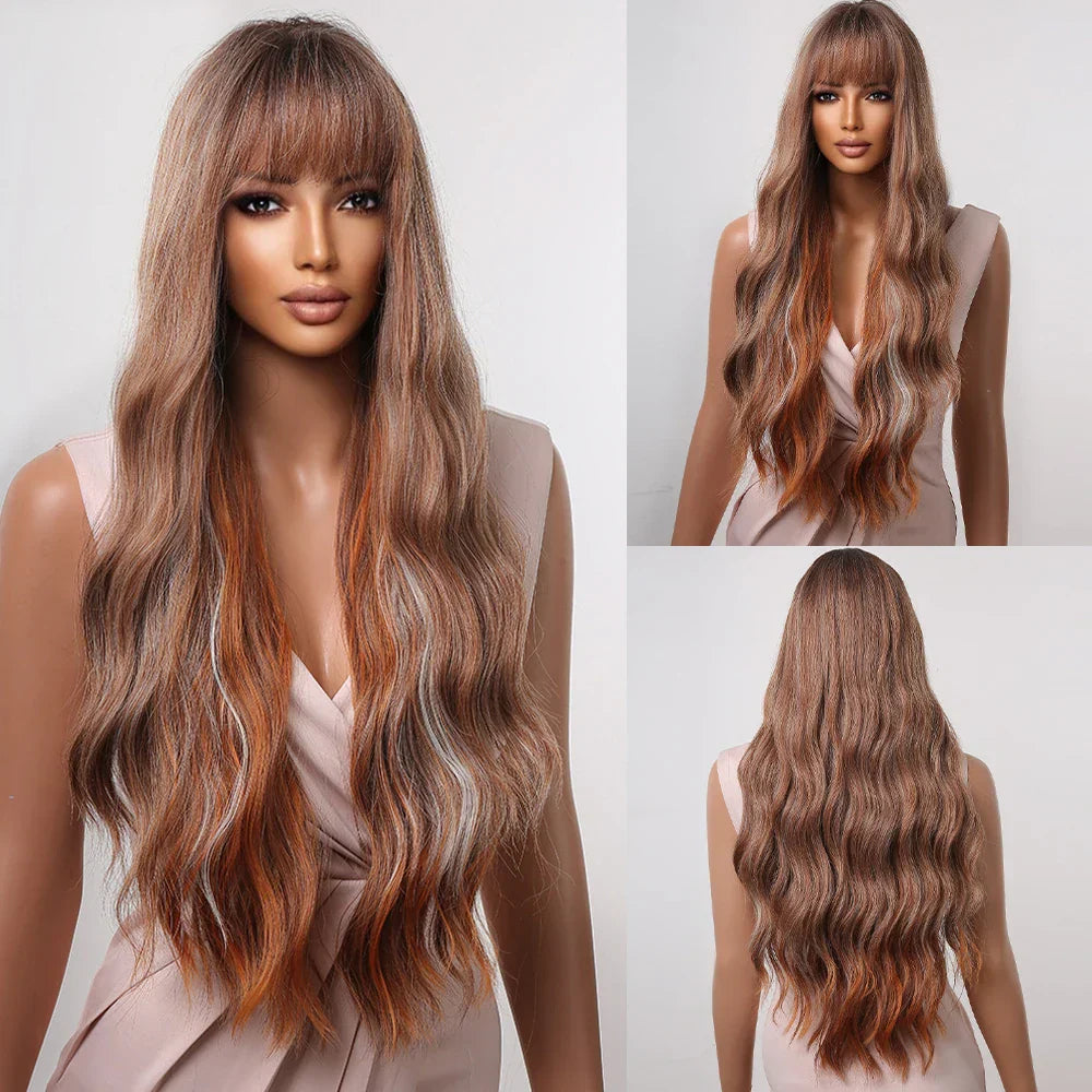 Copper Ginger Brown Wigs With Bangs Natural Synthetic