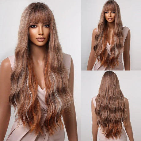 Copper Ginger Brown Wigs With Bangs Natural Synthetic