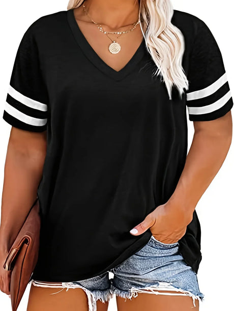 Colorblock V Neck T-Shirt, Women' Plus Slight Stretch