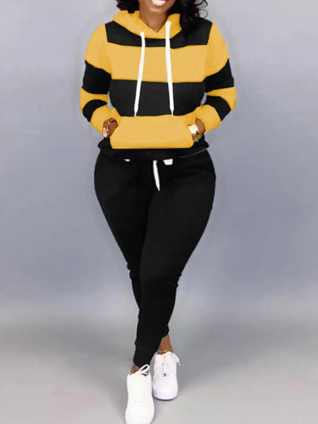 Lw Striped Drawstring Tracksuit Set Autumn Women Hoodie