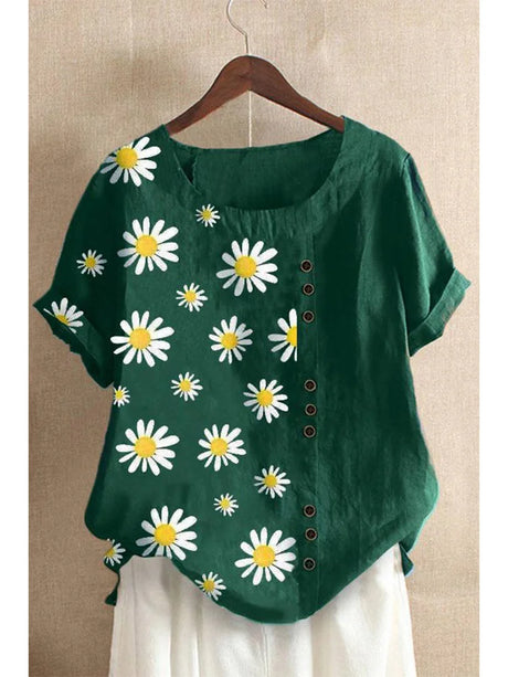 Daisy-Print Cotton Linen Shirt Casual Summer Women O-Neck