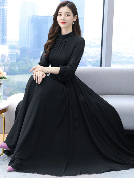 Spring Autumn Women Maxi Dresses Female Vintage Full