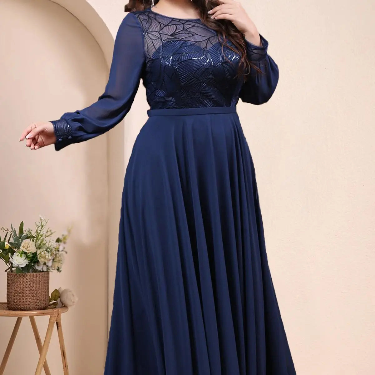 Elegant Dress Round Neck Chiffon Mesh Sequins Long