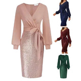 Women V-Neck Dress Stunning Sequin Splicing Bodycon Dress