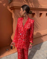 Vintage Print Blazer Pants Suits For Women Double