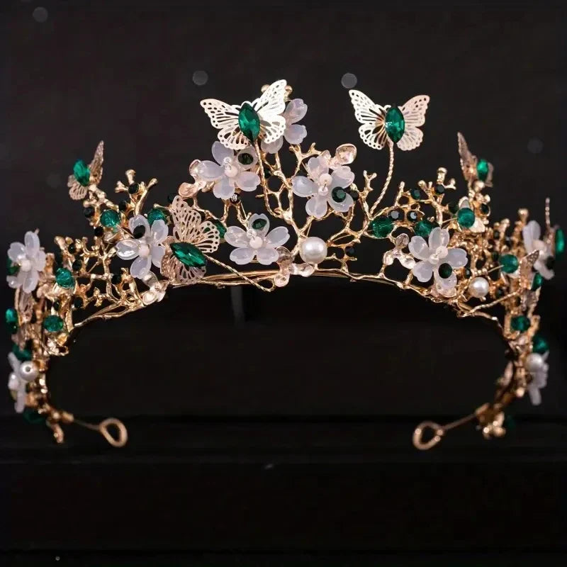 Handmade Bridal Pearl Rhinestone Crown Tiara Butterfly Floral