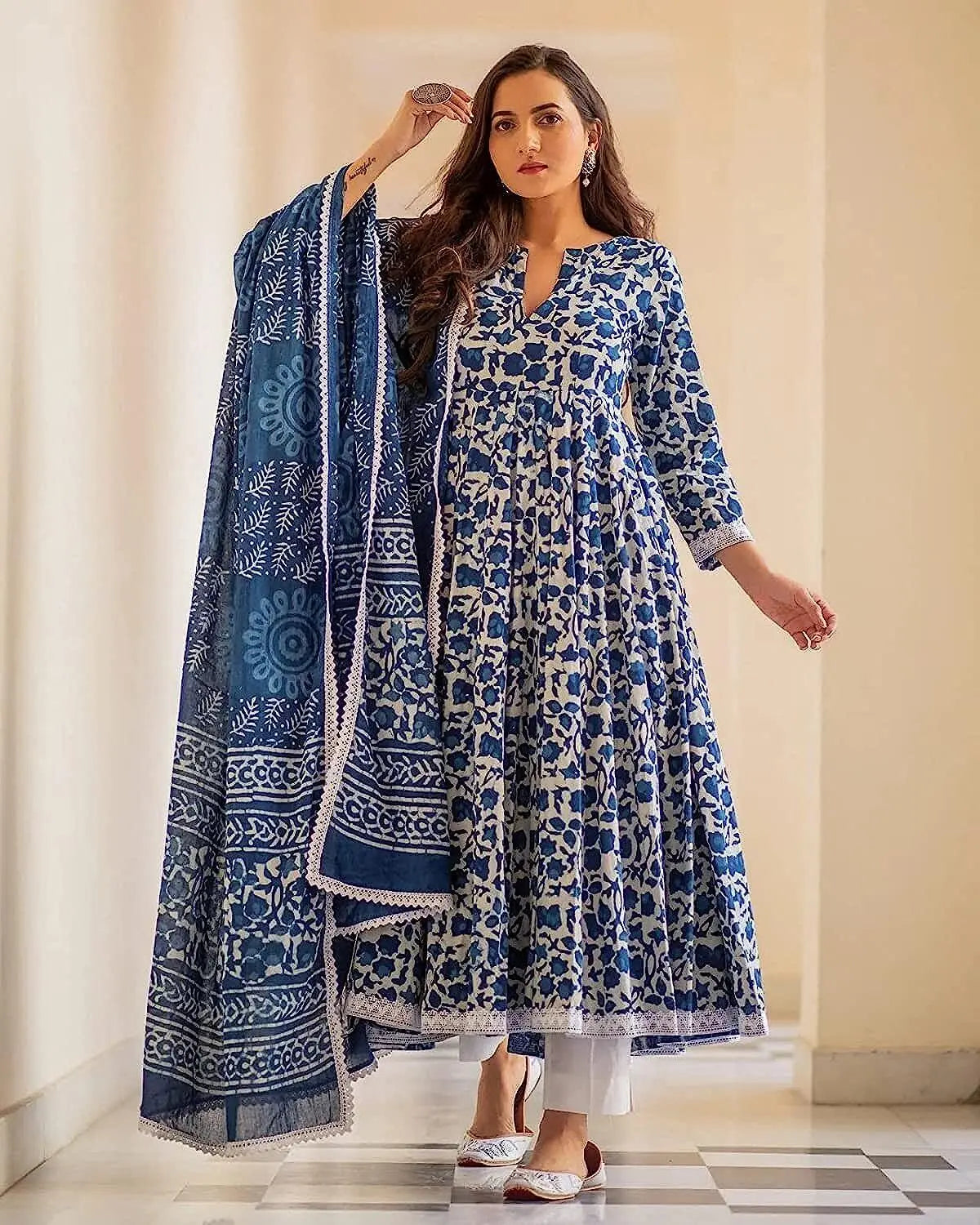 Women Cotton Printed Anarkali Kurta With Palazzo Dupatta